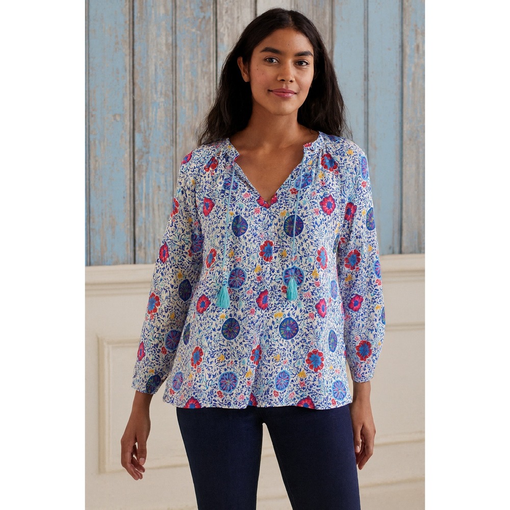 Boden Shirt Women 4 White‎ Floral Popover Tassel Tie Casual Boho Colorful Floral
